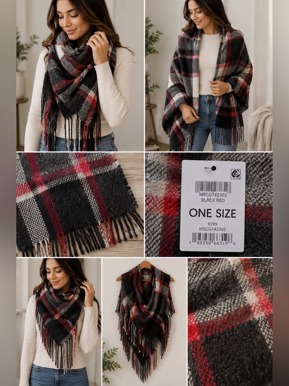Black Red Plaid Oversized Blanket Scarf Fringed Woven Wrap O/S NEW